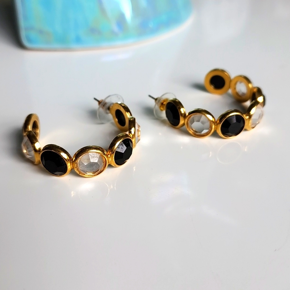 Gold earrings with Black and Clear round crystals